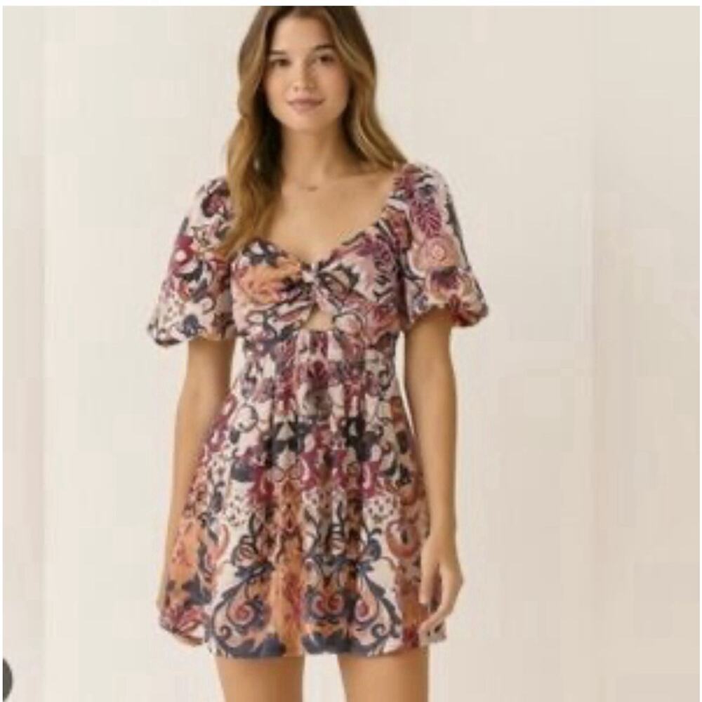 House of Harlow 1960 Revolve 4 Pink Floral Puff Sleeve Linen Cut-Out Mini Dress